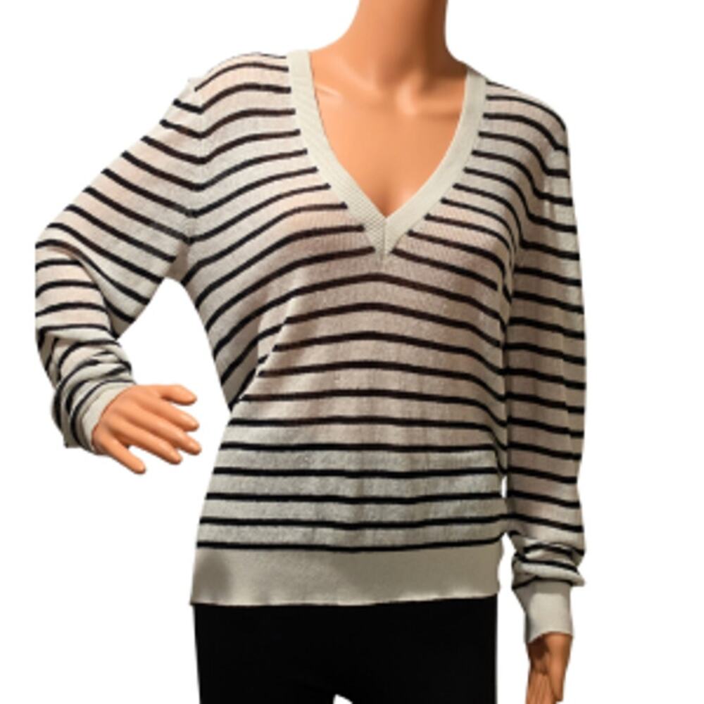 Veronica Beard Jeans Dean Striped Pullover Sweater Linen Blend Deep V-Neck XL